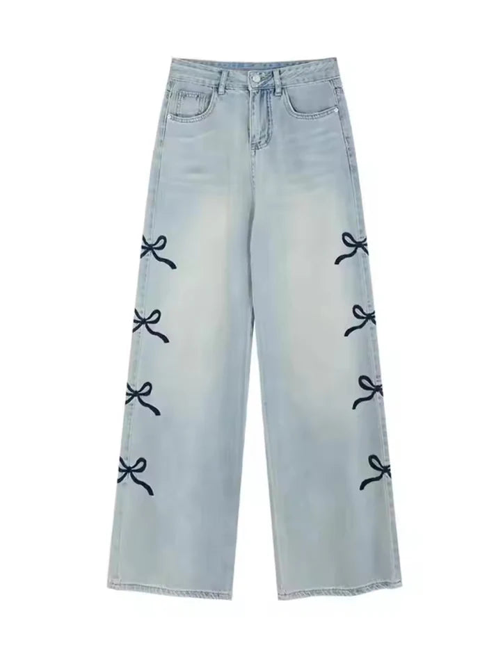 Hazel Bow-Accent Wide-Leg Jeans