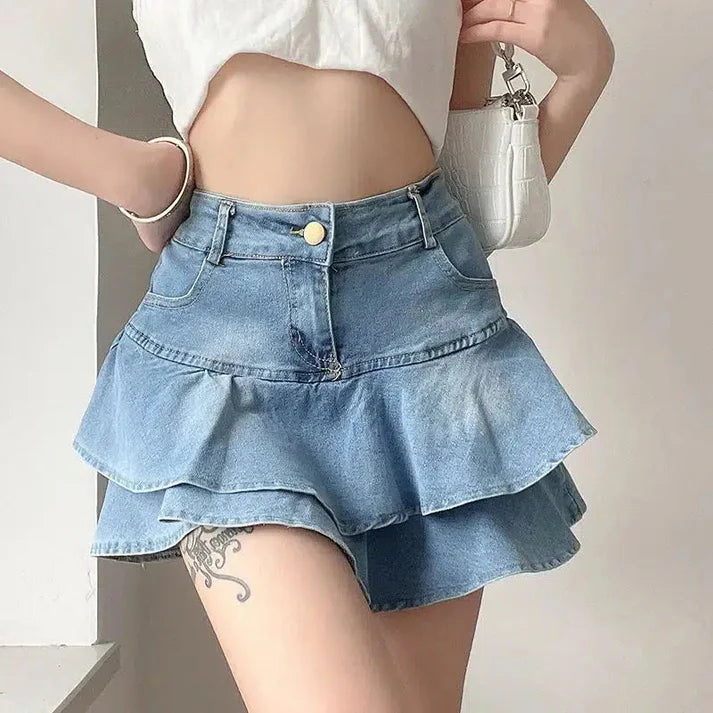 Trendy Denim Ruffle Skirt