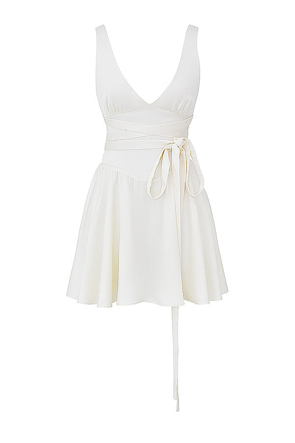 White Sleeveless V-neck Mini dress