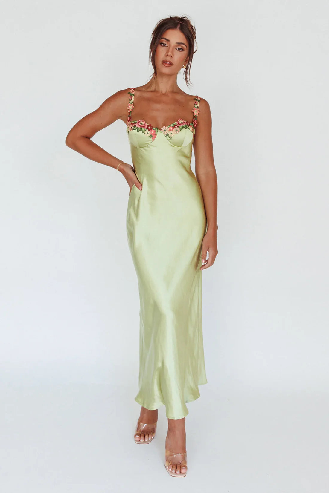 Enchanted Lime Floral Satin Dress
