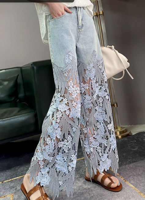 Elegant Lace-Detail Denim Jeans